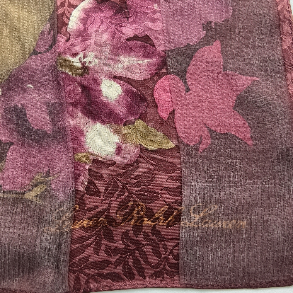 Lauren Ralph Lauren Floral Silk Skinny Scarf Twilly Burgundy Pink Gold 53x12 - Picture 3 of 7